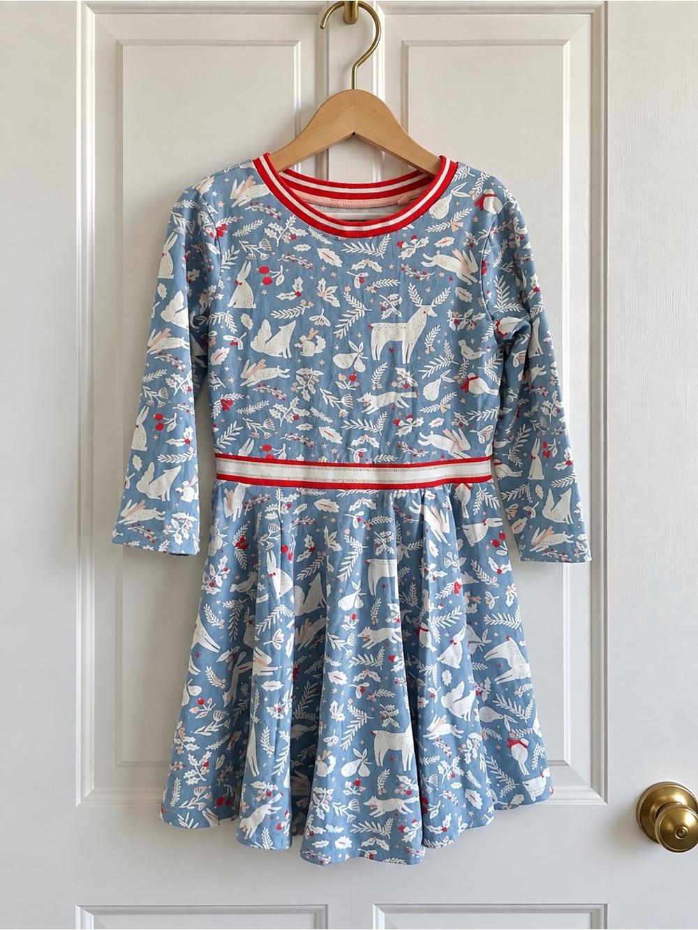 Mini Boden Girls 7-8 Blue Woodland Animal Print Dress Holiday